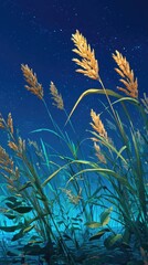 Obraz premium Tall grasses sway gently under a starlit, deep blue night sky; their golden seed heads illuminated, contrasting with the teal-hued lower foliage