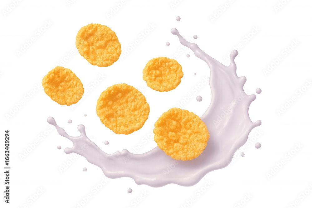 Poster crispy cornflakes splashing into milk droplets, creating dynamic breakfast scene with clean transpar