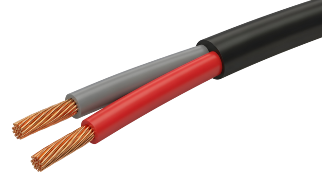 Stripped electrical wire with exposed copper strands and red and grey insulation, ready for connection and power transmission.