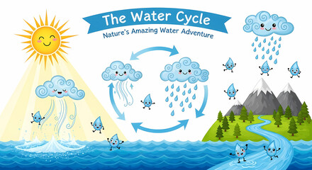 Adorable cartoon illustration of the water cycle, perfect for educational resources and children's books
