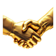 Two golden hands shaking, symbolizing business partnership, isolated on a white background