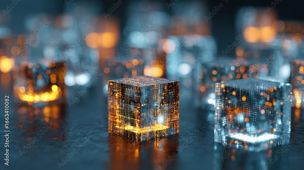Poster glowing ice cubes create an abstract visual in a dark setting with orange and blue hues