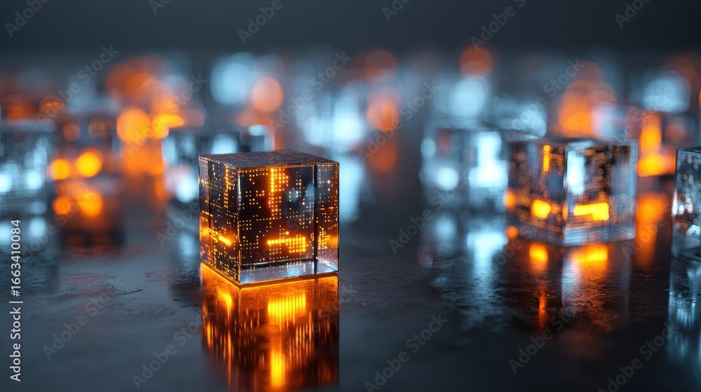 Poster colorful illuminated cubes create a futuristic atmosphere in a dark setting