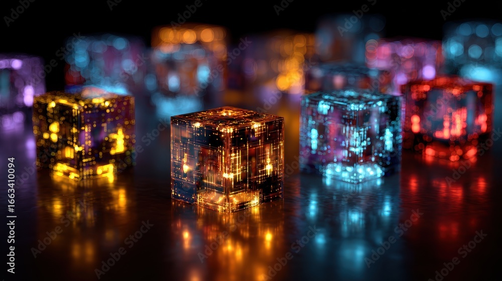 Poster colorful illuminated cubes creating a futuristic abstract display in a dark setting