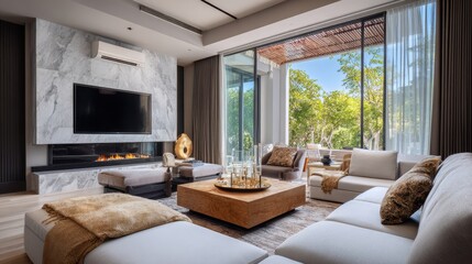 Modern living room featuring large windows and a cozy atmosphere in a tranquil setting
