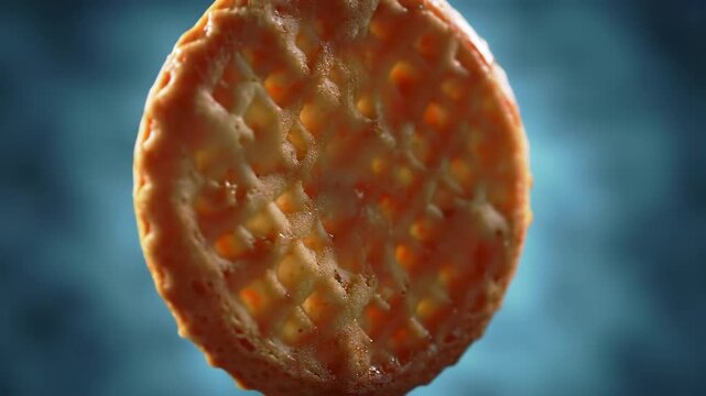 Close-up of a golden brown cookie with textured surface and a blue background