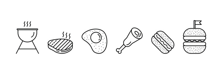 Barbecue grill, steak meat, fried egg, chicken leg, hot dog, burger sandwich, fast food meal, cooking restaurant, picnic party icon vector illustration.