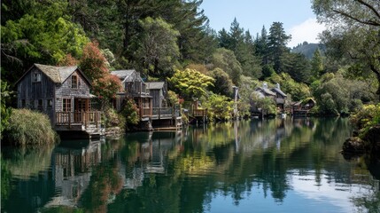 Obraz premium Charming waterfront cabins nestled among lush greenery in a tranquil landscape