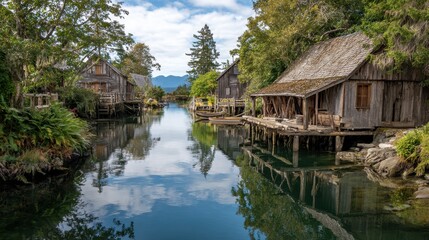 Waterfront village with wooden houses along a peaceful river on a clear day