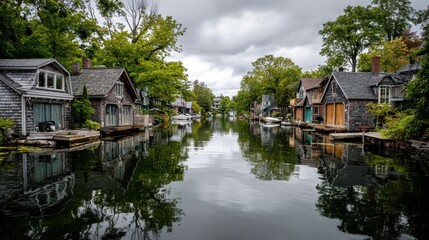 Fototapeta premium Beautiful canal lined with quaint cottages in a serene, cloudy setting