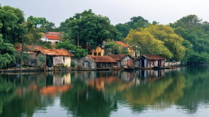 Obraz premium Reflections of traditional houses by a calm river in the early morning light