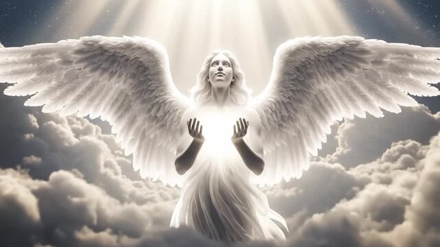 Celestial Guardian Angel in the Clouds - A serene depiction of a guardian angel with outstretched wings, positioned amidst fluffy clouds and enveloped in heavenly light.