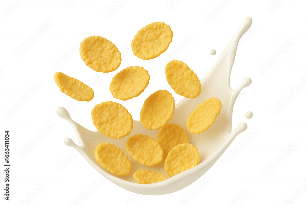 Poster crunchy cornflakes falling into a splash of milk, creating a dynamic and appetizing scene against a 