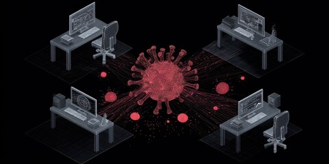 Visual Representation of a Virus in Digital Workspaces, Highlighting Cybersecurity Concerns and Remote Work in a Modern Technological Environment