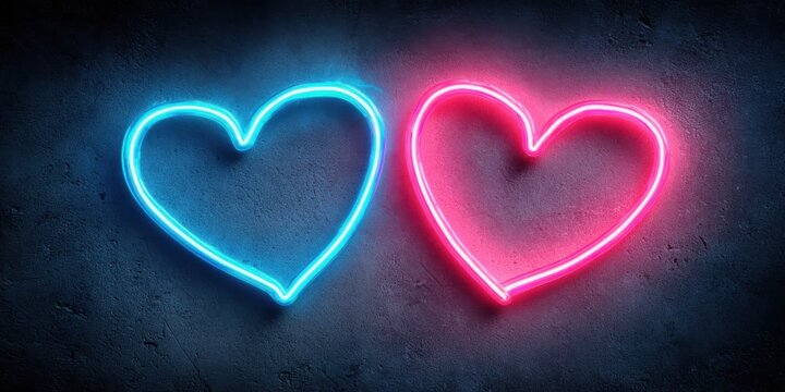 A Vibrant Display of Neon Hearts Illuminating the Dark Background in Blue and Pink, Symbolizing Love and Connection