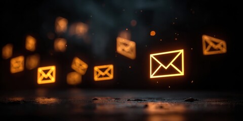 Illuminated Envelope Icons Floating in a Dark Digital Environment, Representing Communication and Connectivity in the Modern Era