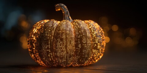 Fototapeta premium Transforming Tradition: A Digital Pumpkin Visualization Merging Halloween Spirits with Modern Technology and Binary Artistry for a Unique Celebration of Autumn.
