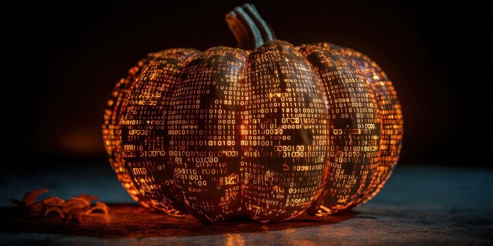 Illuminated Pumpkin Display Featuring Intricate Binary Code Patterns for a Unique Blend of Halloween Spirit and Technological Creativity