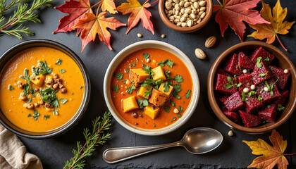 Flat lay of colorful vegetarian soups with autumn leaves and nuts