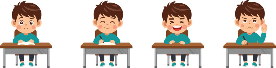 Cartoon boy sitting at school desk expressing emotions, studying, writing, laughing, thinking, education concept, learning activity, classroom illustration, cute character