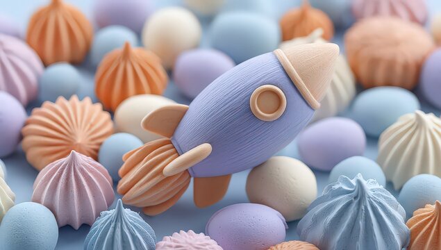 Pastel Colored Clay Rocket Among Colorful Meringe