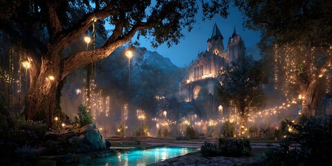 Mystical setting with an ancient castle surrounded by magical lights in an enchanted forest, ancient, fairytale, castle.