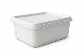 Closed white rectangular plastic container with lid, ideal for food, butter, margarine or ice cream, on transparent background