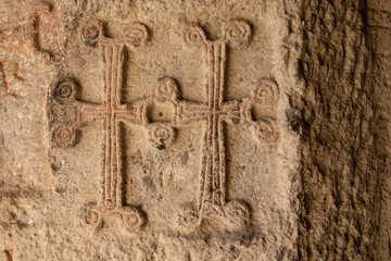 wall in the ancient temple of Geghard, Armenia