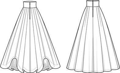 Fashion technical flat sketch, high waisted long skirt, flared hem design, vector illustration, apparel template, clothing pattern, sewing fashion
