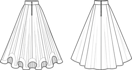 Fashion technical flat sketch, high waisted flared skirt, circle hem design, sewing pattern template, apparel vector, clothing illustration, garment design