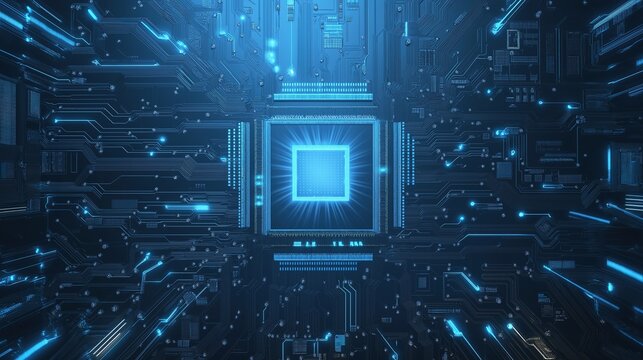 Futuristic Blue Glowing Microchip Circuit Board Closeup | Precision IC Design for AI Hardware Visualization / Semiconductor Education / IoT Device Display
