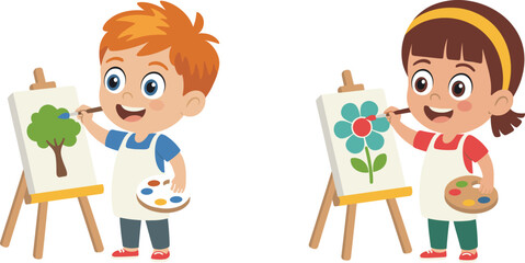 Happy cartoon kids painting on canvas, creative art activity, boy and girl drawing, colorful artwork, learning, fun, vector illustration design