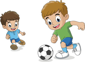 Happy children playing soccer together, cartoon boys running with football, kids enjoying outdoor sports activity, cheerful teammates competing, fun childhood game scene