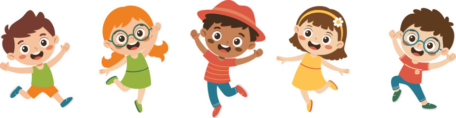 Happy children playing together, cute cartoon kids jumping, joyful childhood illustration, diverse friends having fun, smiling faces, colorful outfits, vector art
