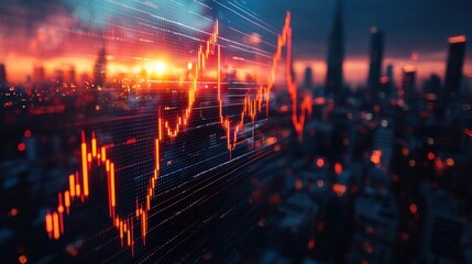 City skyline overlaid with financial chart