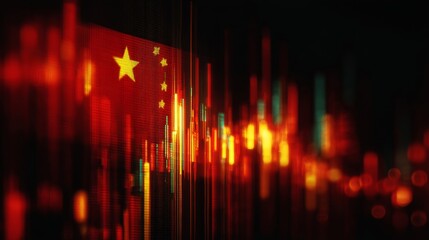 Chinese Flag Overlay on Volatile Financial Chart and Market Signals