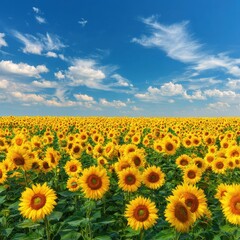 Fototapeta premium Sunny Sunflower Field Summer Landscape, Blue Sky, Clouds, Nature Poster
