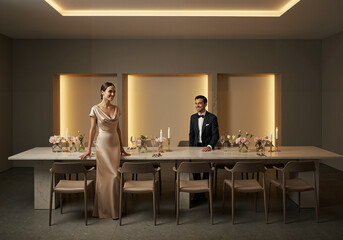 Elegant couple at modern dining table with flowers and candles