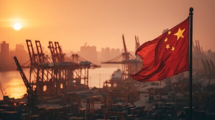 Aerial View of China’s Busy Container Terminal with Flag at Golden Hour