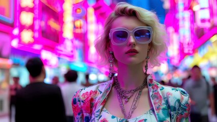 Stylish blonde woman in oversized sunglasses poses on neon city street at night.