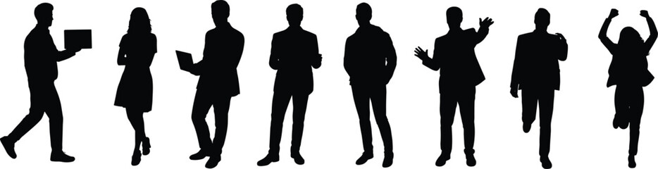 Silhouette business people group standing, working, walking, celebrating, teamwork concept, corporate lifestyle, leadership, success, office workers, collaboration, motivation, achievement