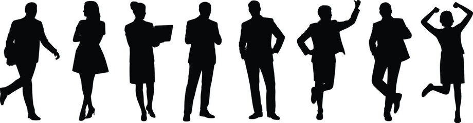 Silhouette of business people standing, men and women teamwork, professional colleagues, office communication, corporate lifestyle, success collaboration, confident group
