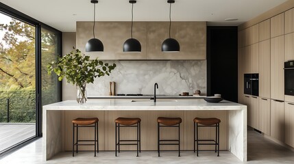 Full Shot of Modern Clean Elegant Kitchen, Light Wood Cabinets with Black Handles + White Marble Island (Sink/Stove), Large Glass Sliding Doors Bring Natural Light to Connected Outdoor Patio with Seat