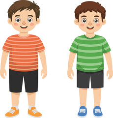 Two smiling boys cartoon illustration, kids in striped t-shirts and shorts, front view character design, children clothing fashion vector template
