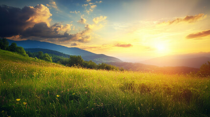 Obraz premium green field and blue sky. field and clouds