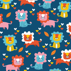 colorful vector cartoon seamless pattern design of lions for kids apparel fullprint fabric