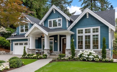 Fototapeta premium A navy blue craftsman-style home with white trim, large windows, and green grass in the front yard