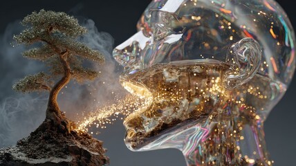 Enigmatic Crystal Head with Bonsai Tree and Sparkling Energy Emanation