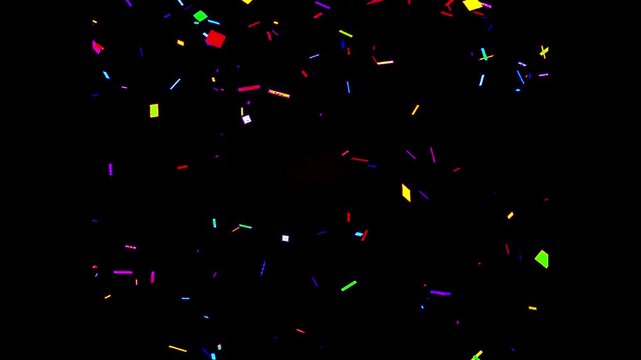 Falling colorful confetti on black background, festive celebration filter particles for parties, birthdays, New Year and holidays effect