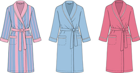 Women’s bathrobe flat sketch, loungewear robe with belt, striped and solid design, cozy sleepwear template, vector fashion illustration, dressing gown outline